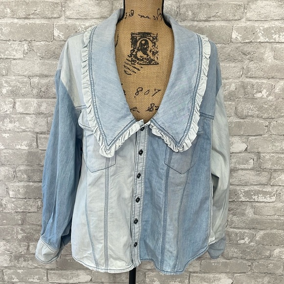 Free People Daisy Baby Button Down Top in Blue Combo - Picture 1 of 8